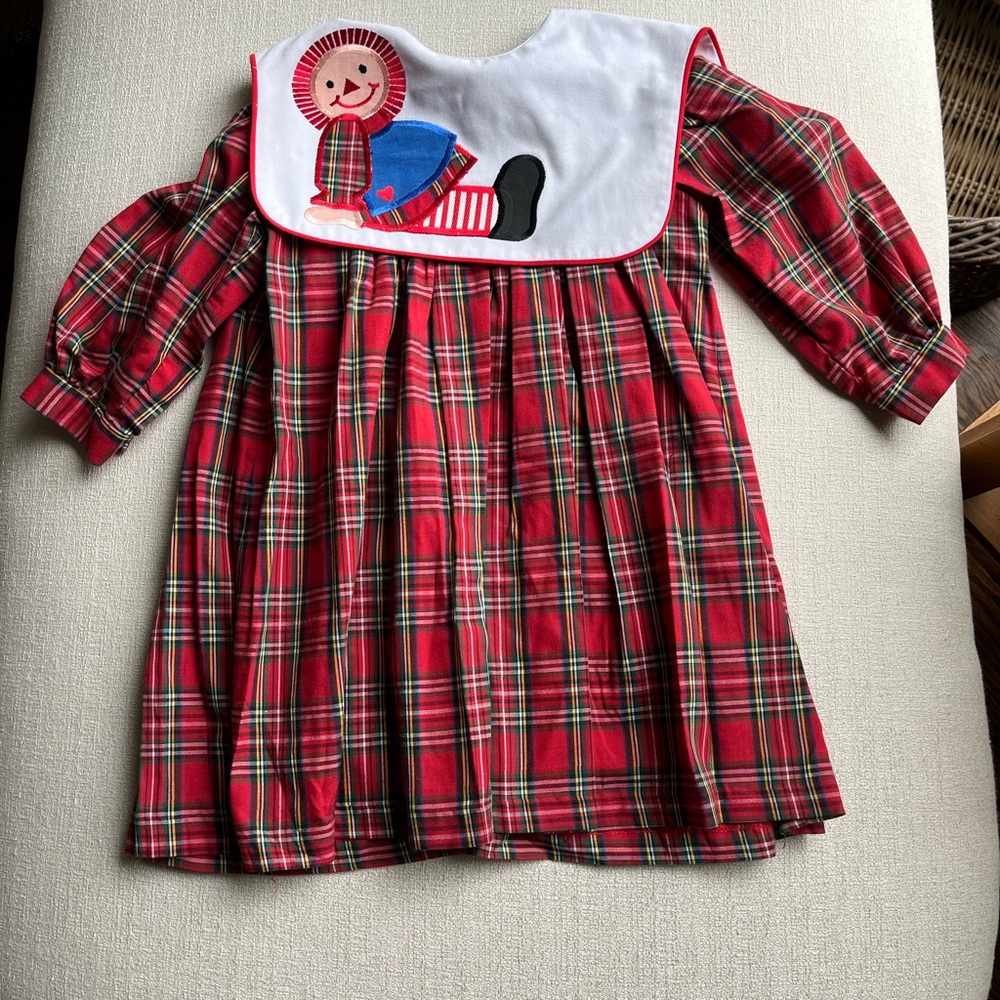 Vintage “Hearts Designs” Red Plaid Dress with Doll Appliqué. 24 months